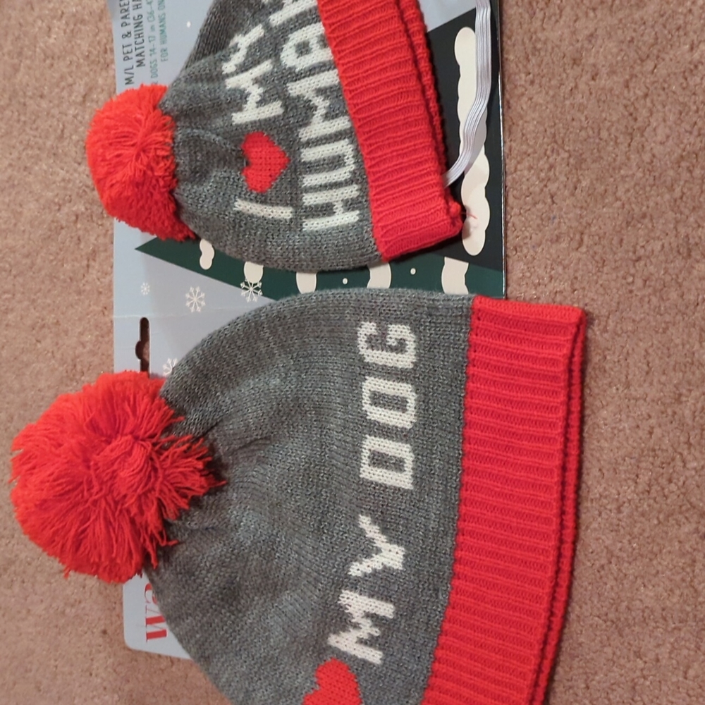 2 Hats.  Adult. And one dog. 14 to 17 in. Grey red white. SALE SALE